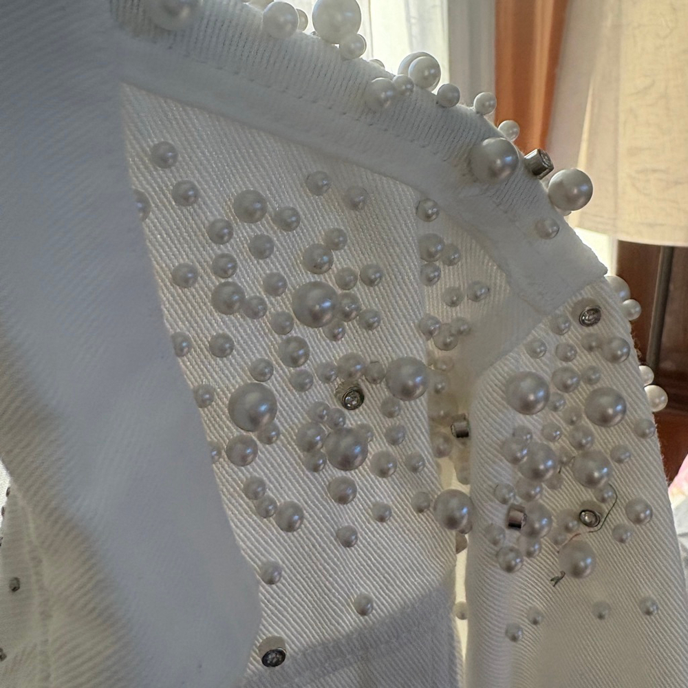 White Denim Jacket Pearl Rhinestone Embellished Women’s Cropped Trucker Glam XL - Picture 4 of 6